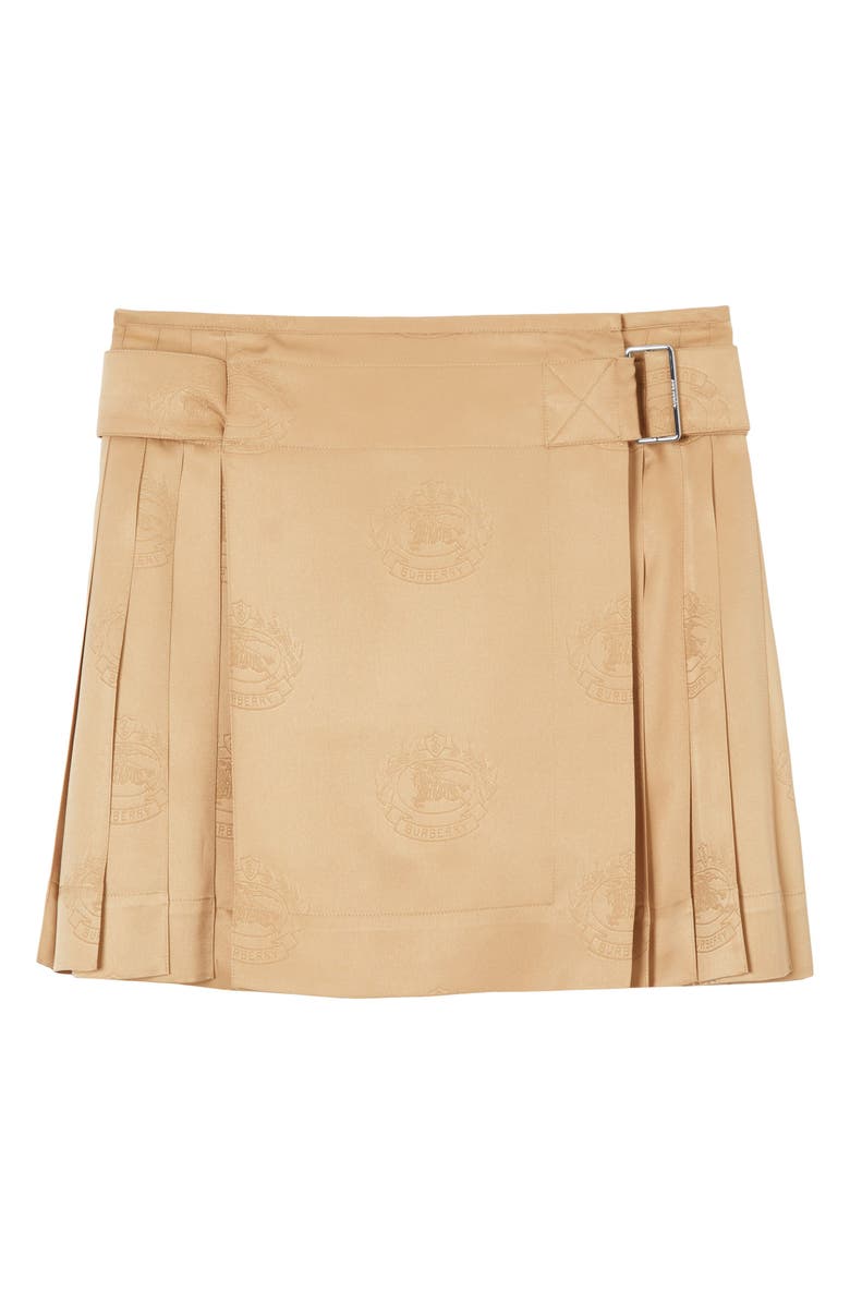 Burberry Petula Equestrian Knight Pleated Silk Wrap Miniskirt, Alternate, color, Soft Fawn Ip Pttn