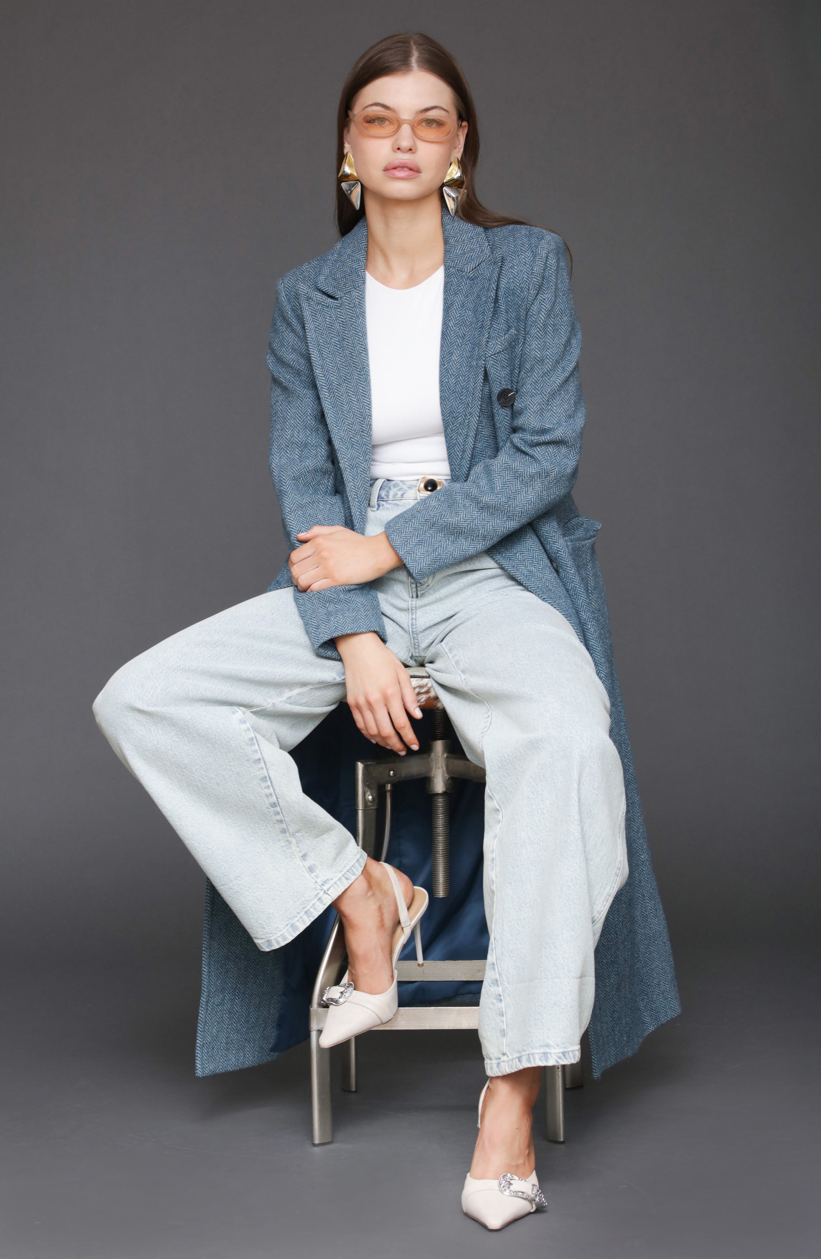 Strong Shoulder Double Breasted Herringbone Coat - image 2