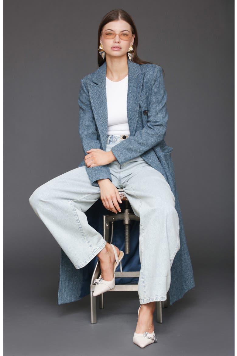 Strong Shoulder Double Breasted Herringbone Coat, Alternate, color, CAPRI BLUE CHEVRON