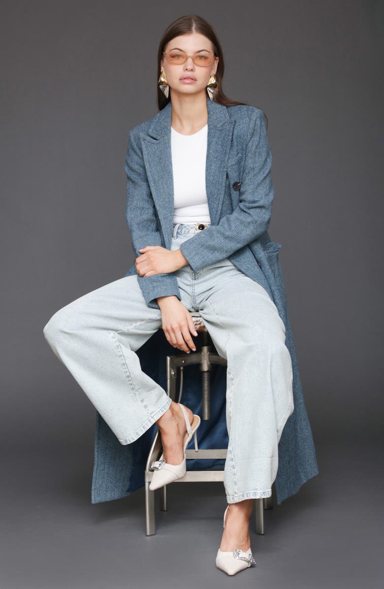 Avec Les Filles Strong Shoulder Double Breasted Herringbone Coat, Alternate, color, Capri Blue Chevron