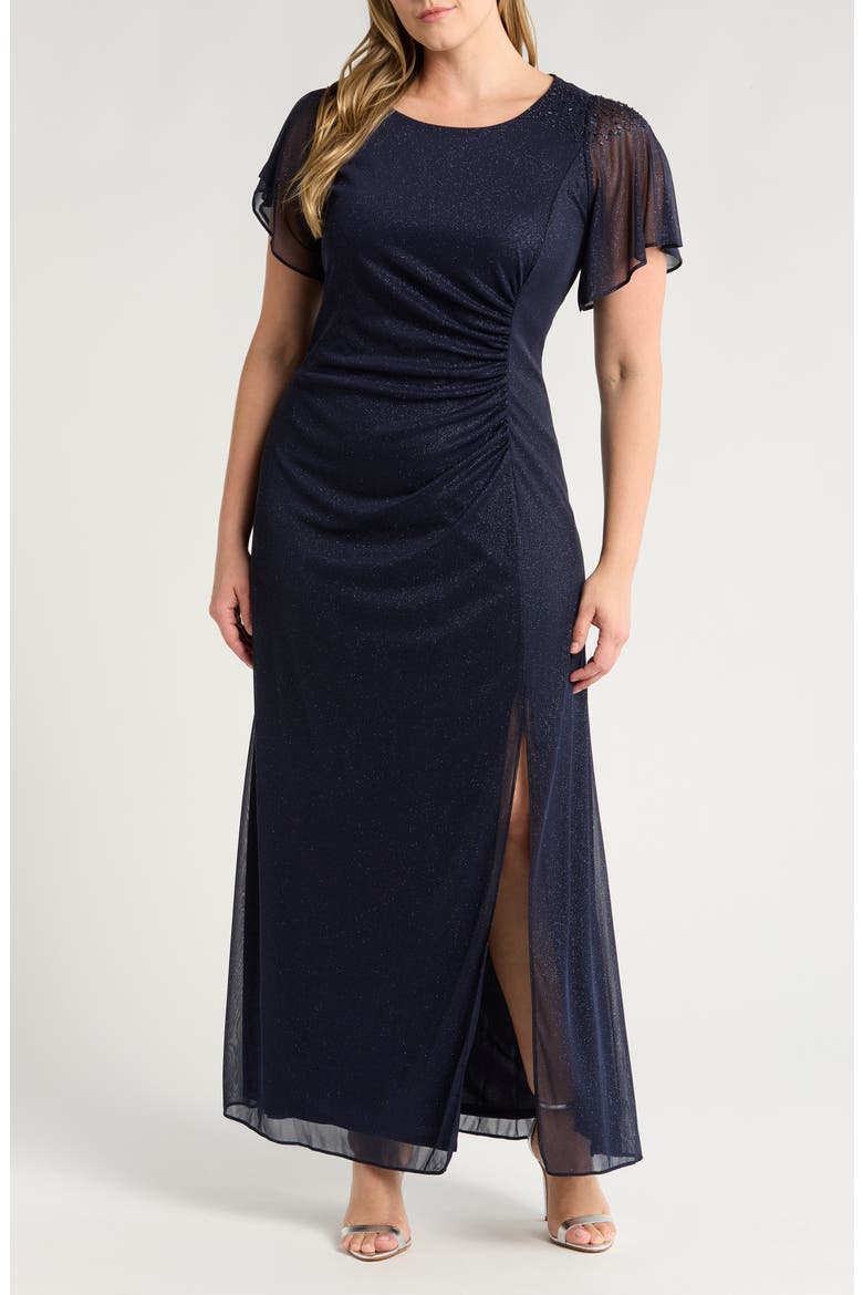 Flutter Sleeve Metallic Gown, Main, color, NAVY