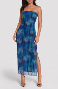 bebe Printed Mesh Strapless Maxi Dress