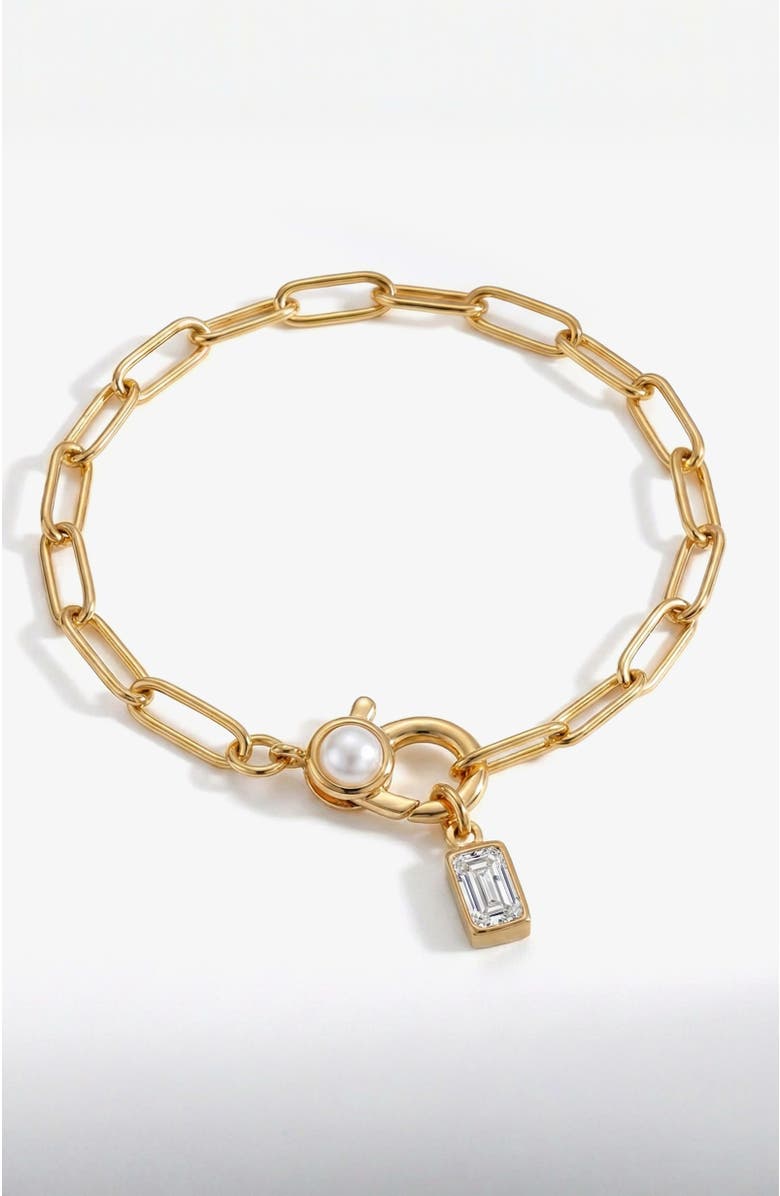 Mint & Lily Paperclip Bracelet with Pearl Accent with Dainty Baguette Birthstone Charm, Main, color, April Diamond