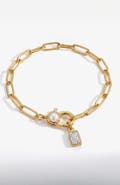 Mint & Lily Paperclip Bracelet with Pearl Accent with Dainty Baguette Birthstone Charm