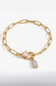 Mint & Lily Paperclip Bracelet with Pearl Accent with Dainty Baguette Birthstone Charm