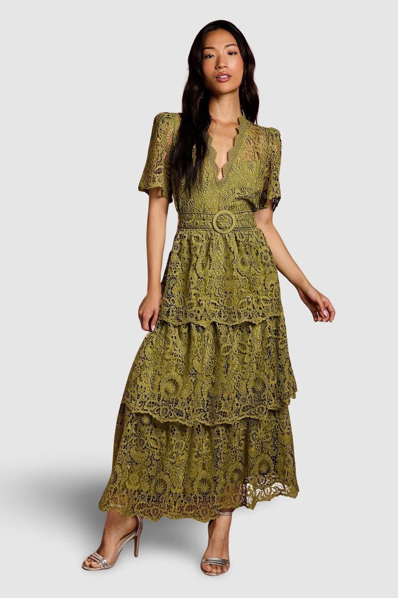 Short Sleeve Tiered Lace Midi Dress, Main, color, Olive