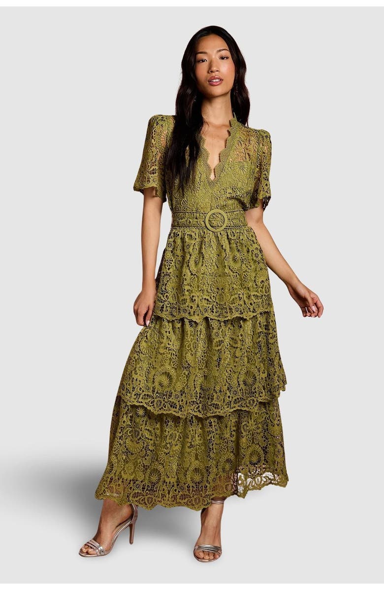 Coast Short Sleeve Tiered Lace Midi Dress, Main, color, Olive