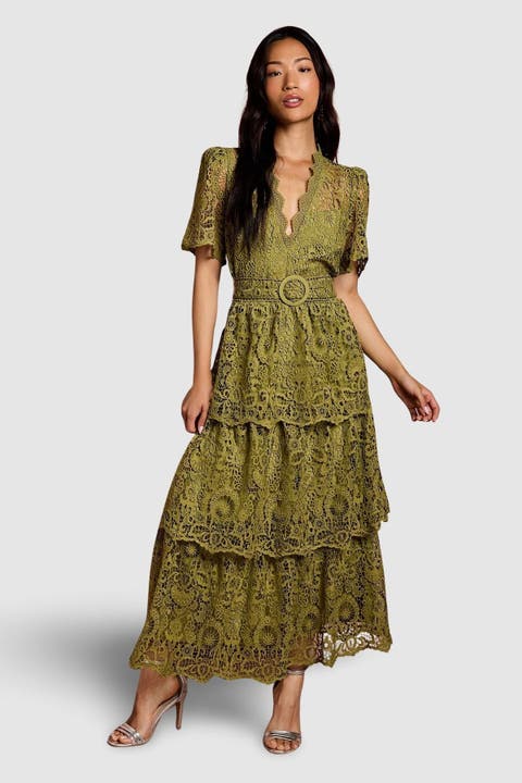Short Sleeve Tiered Lace Midi Dress