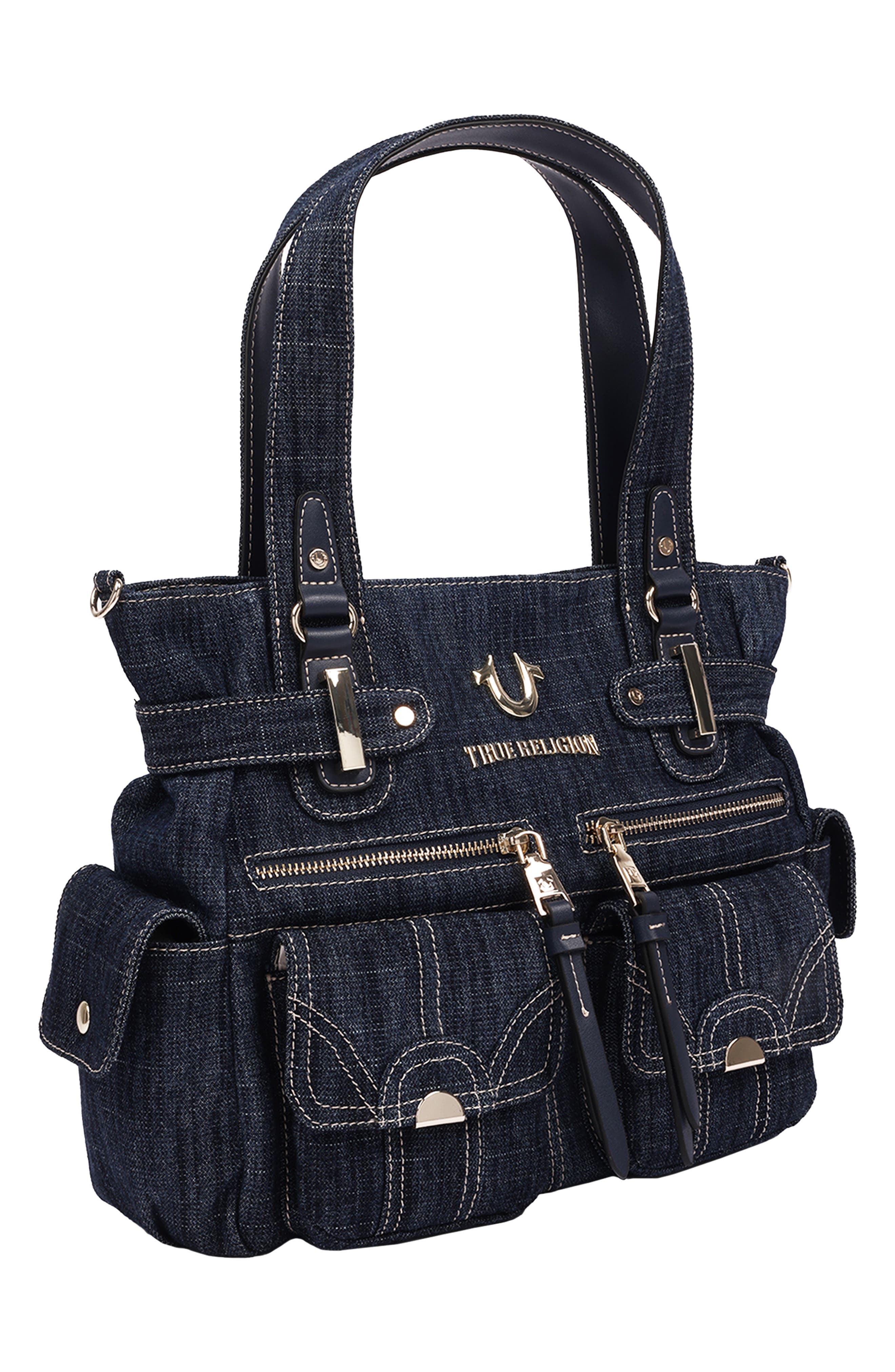 Multi Pocket Denim Tote, Alternate, color, DARK DENIM
