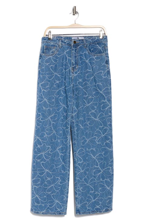 Floral Embroidered High Waist Wide Leg Jeans