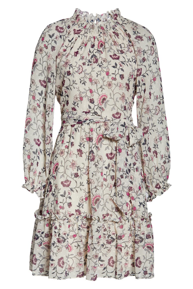 Floral Ruffle Long Sleeve Chiffon Dress, Alternate, color, IVORY
