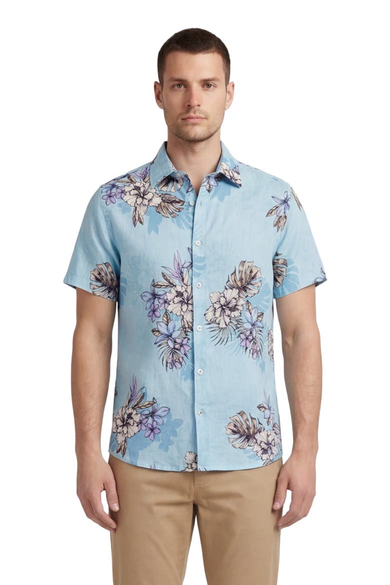 Exotic Floral Mens Linen Printed Shirt, Main, color, Exotic Floral Teal