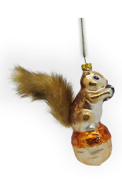 Squirrel On Acorn Faux Fur Tail Glass Ornament