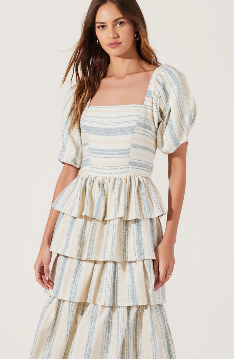 Modenaire Puff-Sleeve Tiered Maxi Dress with Smocked Bodice, Alternate, color, Beige