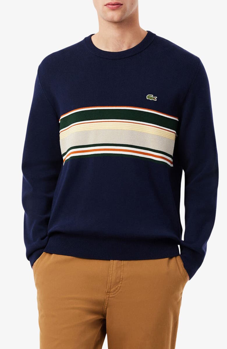Lacoste Ottoman Stitch Stripe Cotton & Wool Sweater, Main, color, 9Il Navy Blue/ Sinople-Lapland