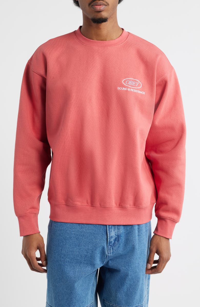Obey Sound and Resistance Embroidered Sweatshirt, Main, color, Mineral Red