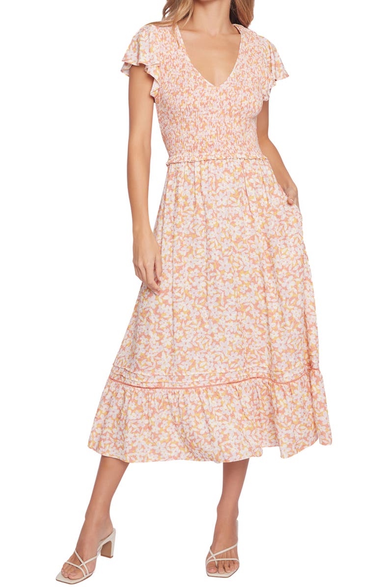 Lost + Wander Coastal Daisies Smocked Bodice Midi Dress, Main, color, 