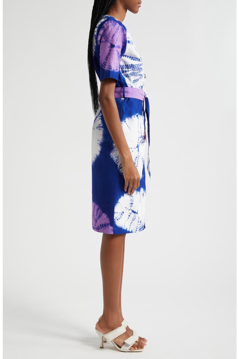 Kuti Tie Belt Button Front Denim Midi Dress, Alternate, color, BLUE MULTI