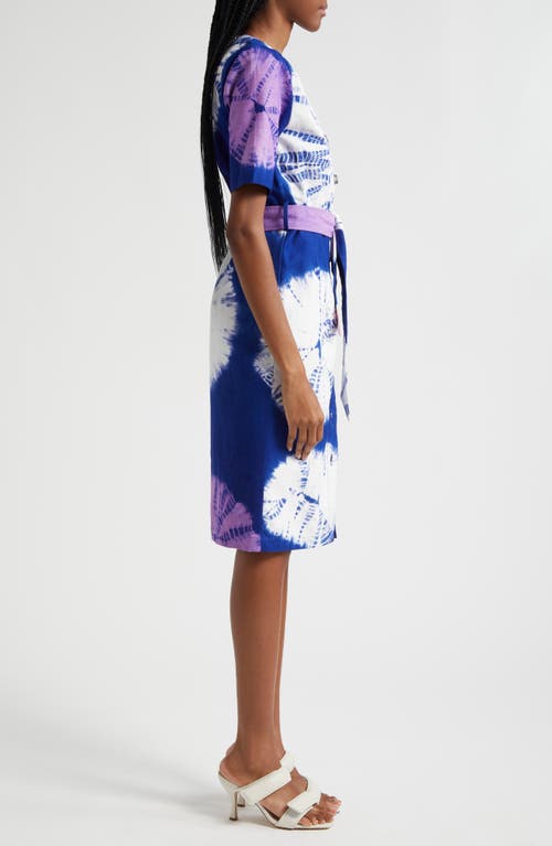 Busayo Kuti Tie Belt Button Front Denim Midi Dress In Blue Multi
