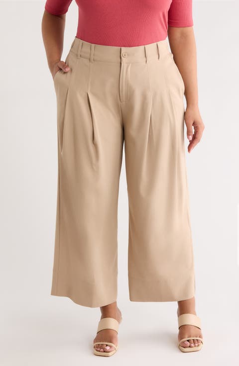 Pleated High Waist Ankle Wide Leg Pants (Plus)