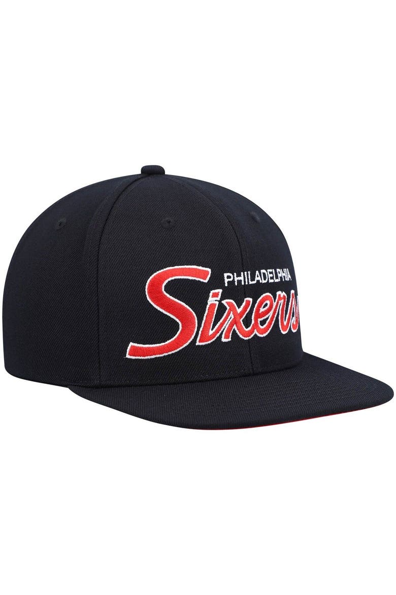 Men's Mitchell & Ness Black Philadelphia 76ers Hardwood Classics Script 2.0 Snapback Hat, Alternate, color, Black
