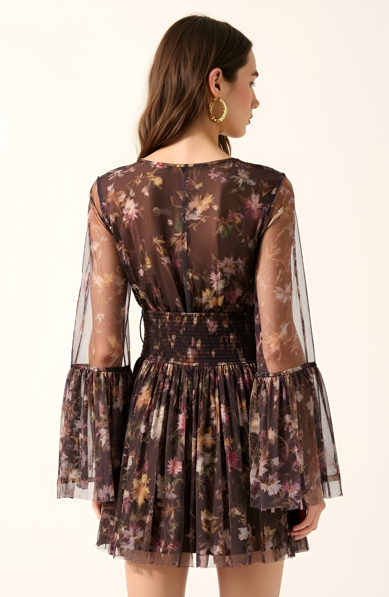 Modenaire Floral Long Sleeve Mini Dress with Smocked Waist and Flared Skirt, Alternate, color, Brown Floral