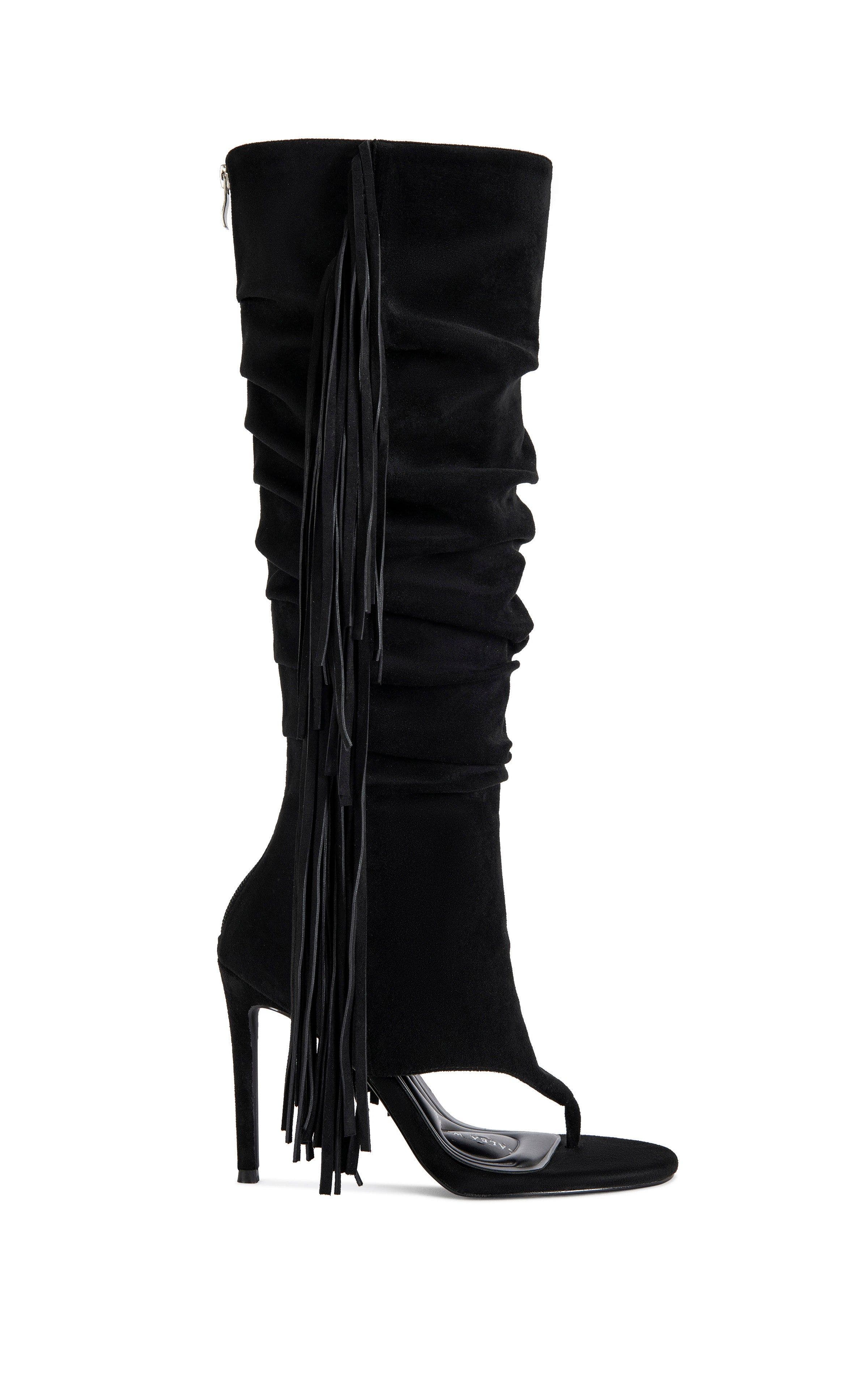 AZALEA WANG JOHANNA-BLACK FRINGE STILETTO SANDAL BOOT - BLACK / 8 / STILETTO, Main, color, Black