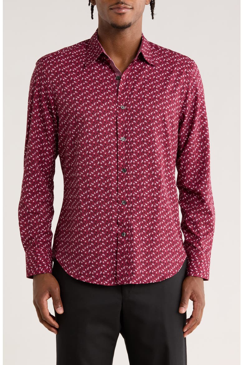 Paisley Print Slim Fit Stretch Button-Up Shirt, Main, color, RED/ BLACK