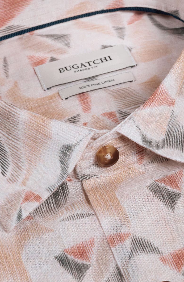 Bugatchi Julian Shaped Fit Abstract Leaf Print Linen Button-Up Shirt, Alternate, color, Desert