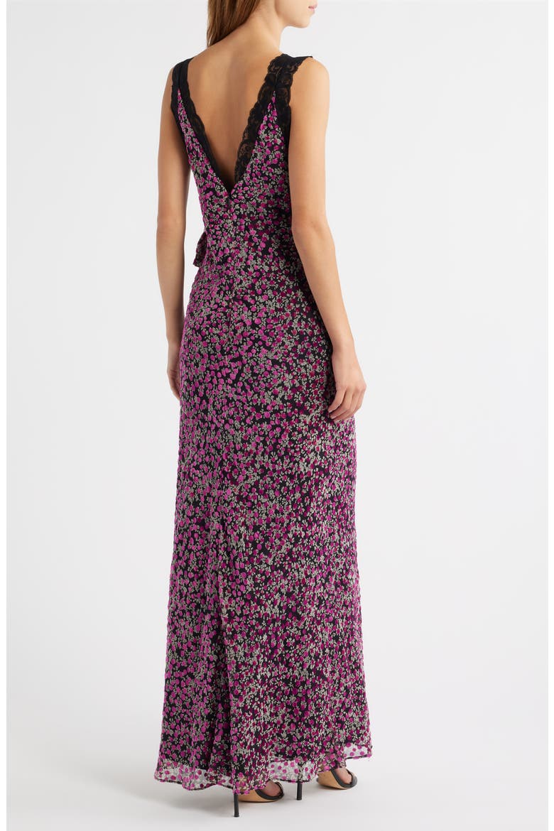 Lily Lace Trim Sleeveless Velvet Gown, Alternate, color, PURPLE FLORAL