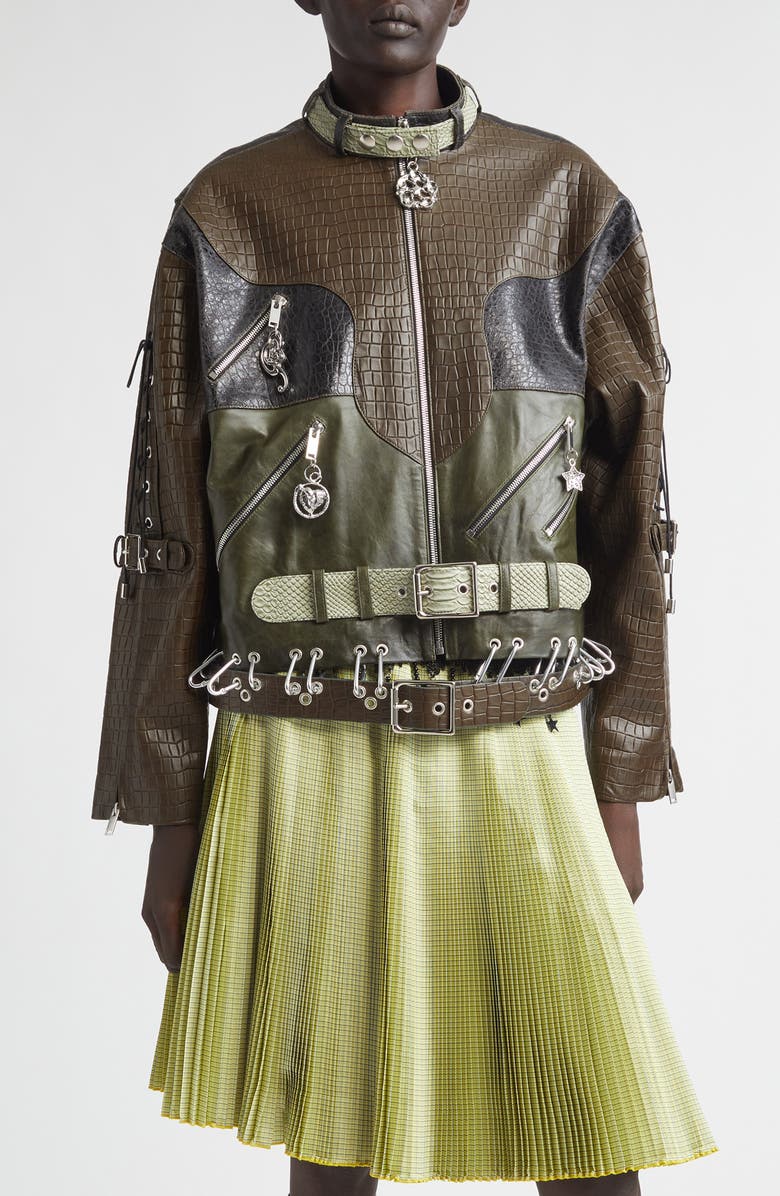 Chopova Lowena Inversion Lace-Up Leather Jacket, Main, color, Green Multi