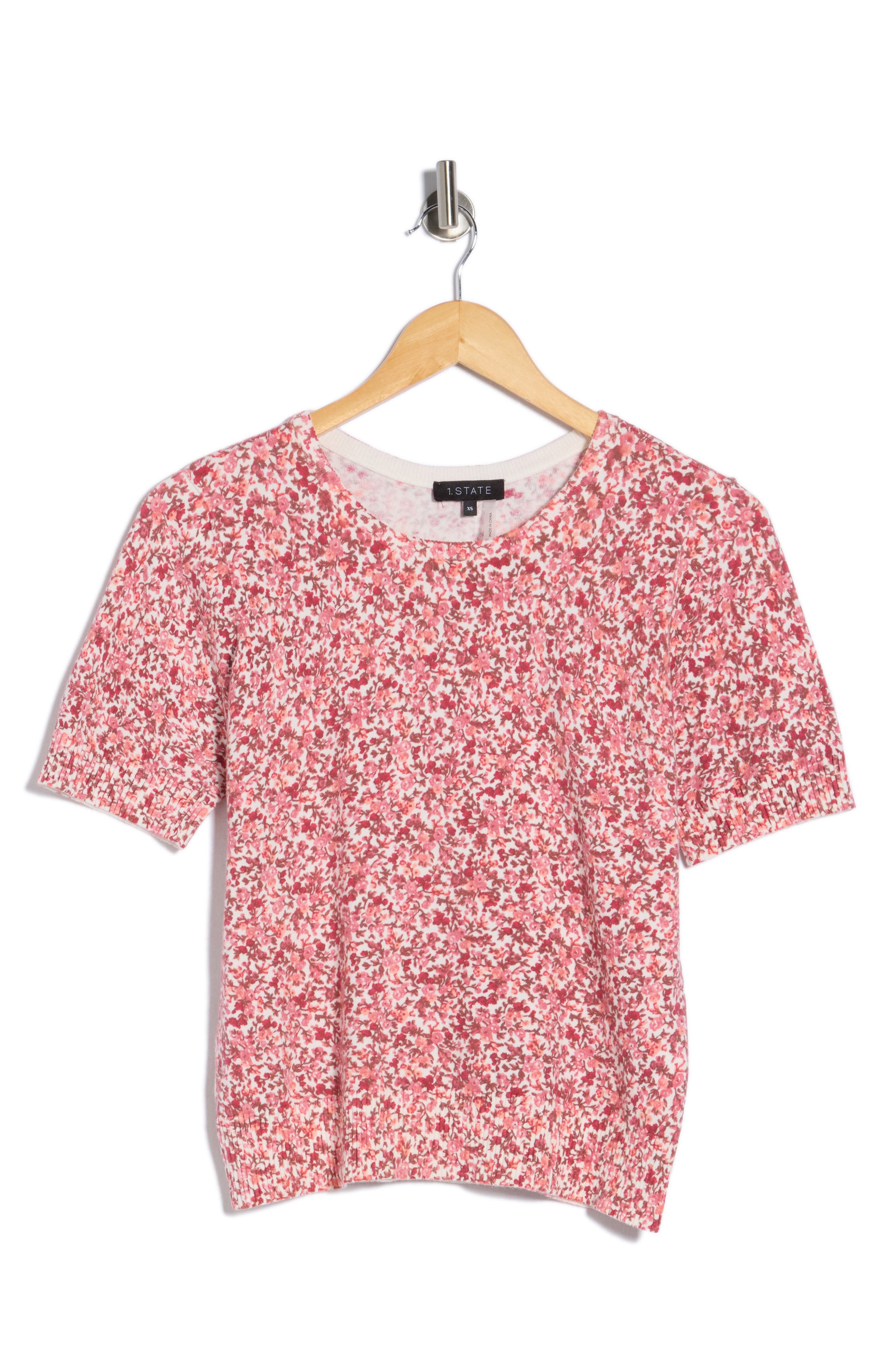 1.STATE Floral Short Sleeve Cotton Sweater