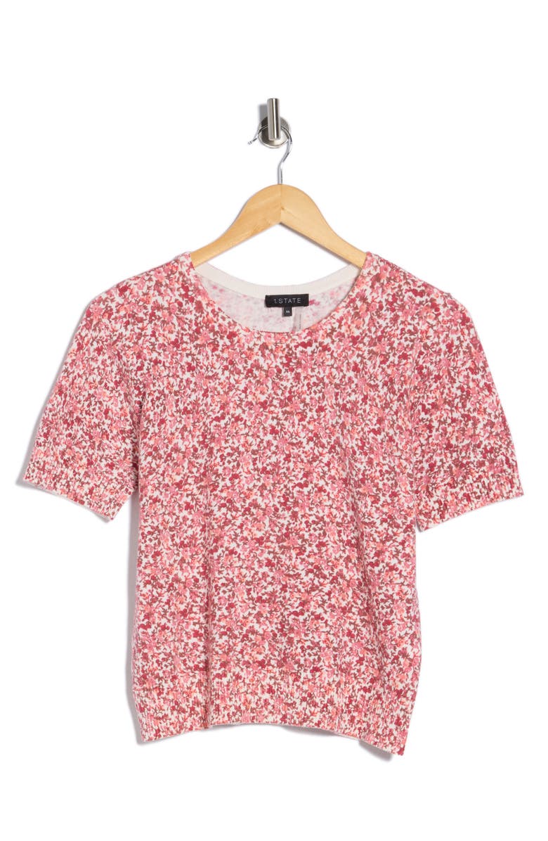 1.STATE Floral Short Sleeve Cotton Sweater, Main, color, Antique White