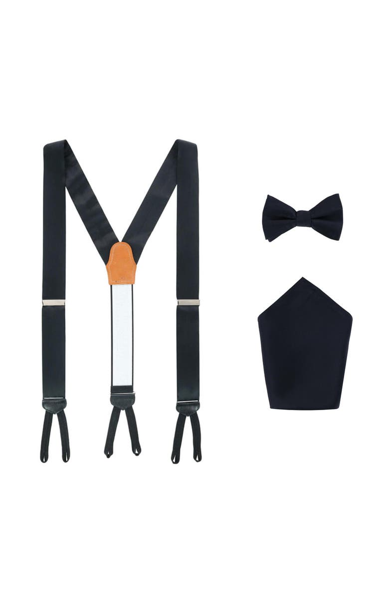 Trafalgar Sutton Solid Color Silk Brace Bow Tie & Pocket Square Combo, Main, color, Black