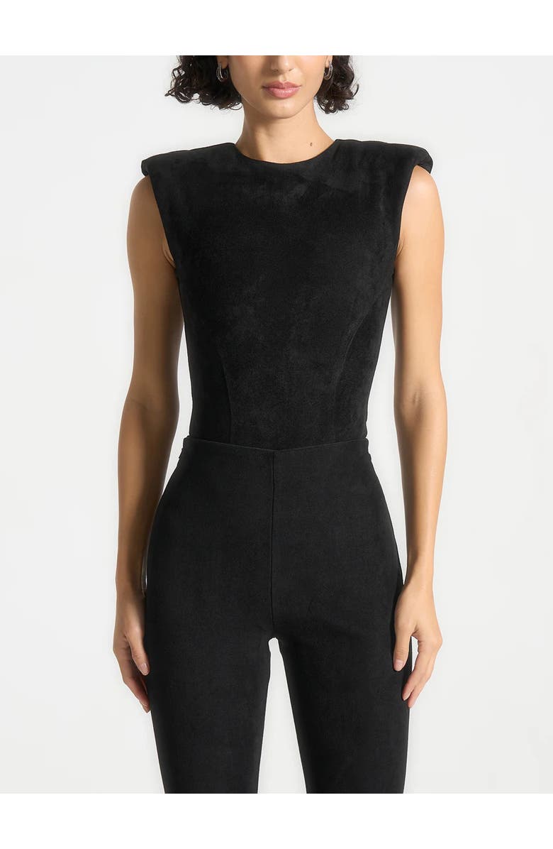 Manière De Voir Wide Shoulder Suede Bodysuit, Main, color, Black