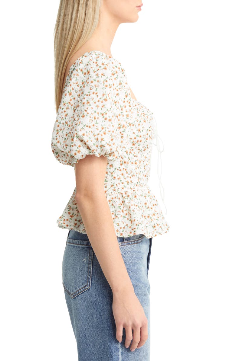 ASTR the Label Floral Puff Sleeve Lace-Up Corset Crop Top, Alternate, color,