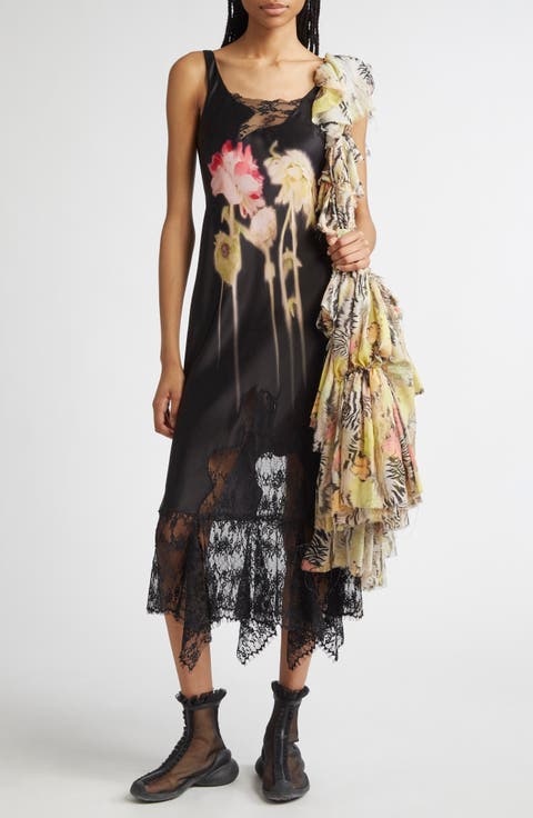 Stone Flower Drip Anemone Satin & Lace Tank Dress