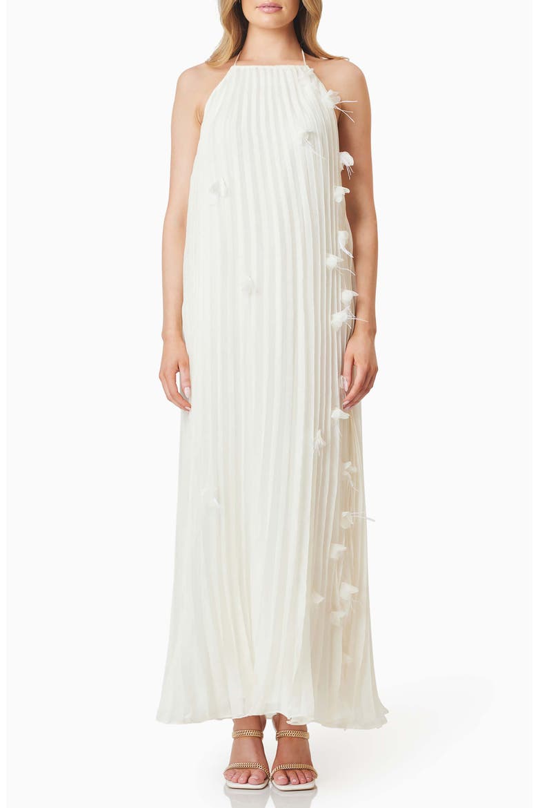 Emelia Floral Appliqué Pleated Georgette Halter Maxi Dress, Main, color, IVORY