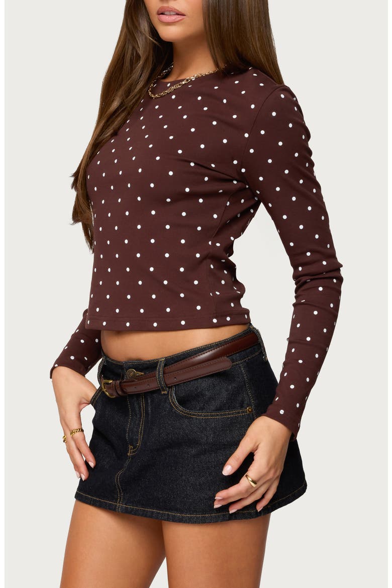 Daliya Polka Dot Long Sleeve Cotton Crop T-Shirt, Alternate, color, BROWN