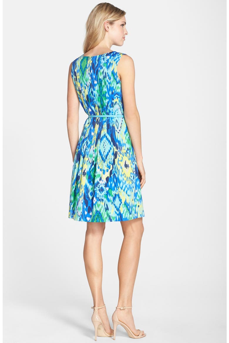 Belted Print Cotton Fit & Flare Dress, Alternate, color, BLUE MULTI