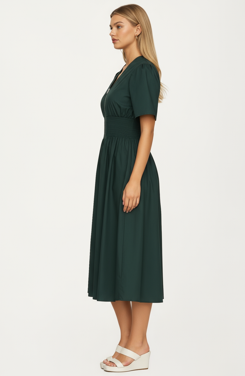 Knit and Lounge Zip-Front Smocked Waist Short Sleeve Midi Dress, Alternate, color, Green