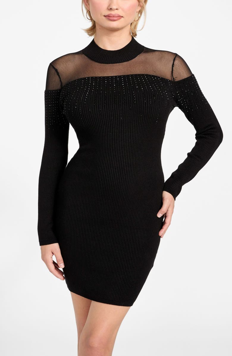 GUESS Jeena Embellished Long Sleeve Rib Minidress, Alternate, color, Jet Black-Black