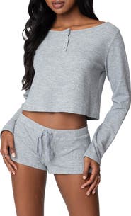 EDIKTED Teddy Waffle Knit Crop Henley