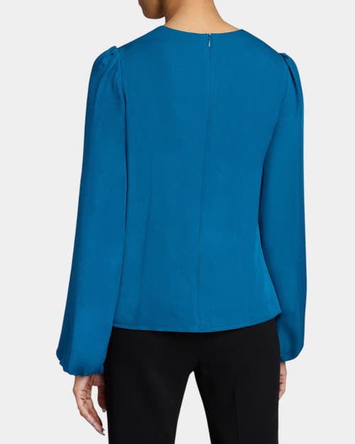 Santorelli Long Sleeve Blouse With Cinched Waist In Silk Georgette In Aquamarine