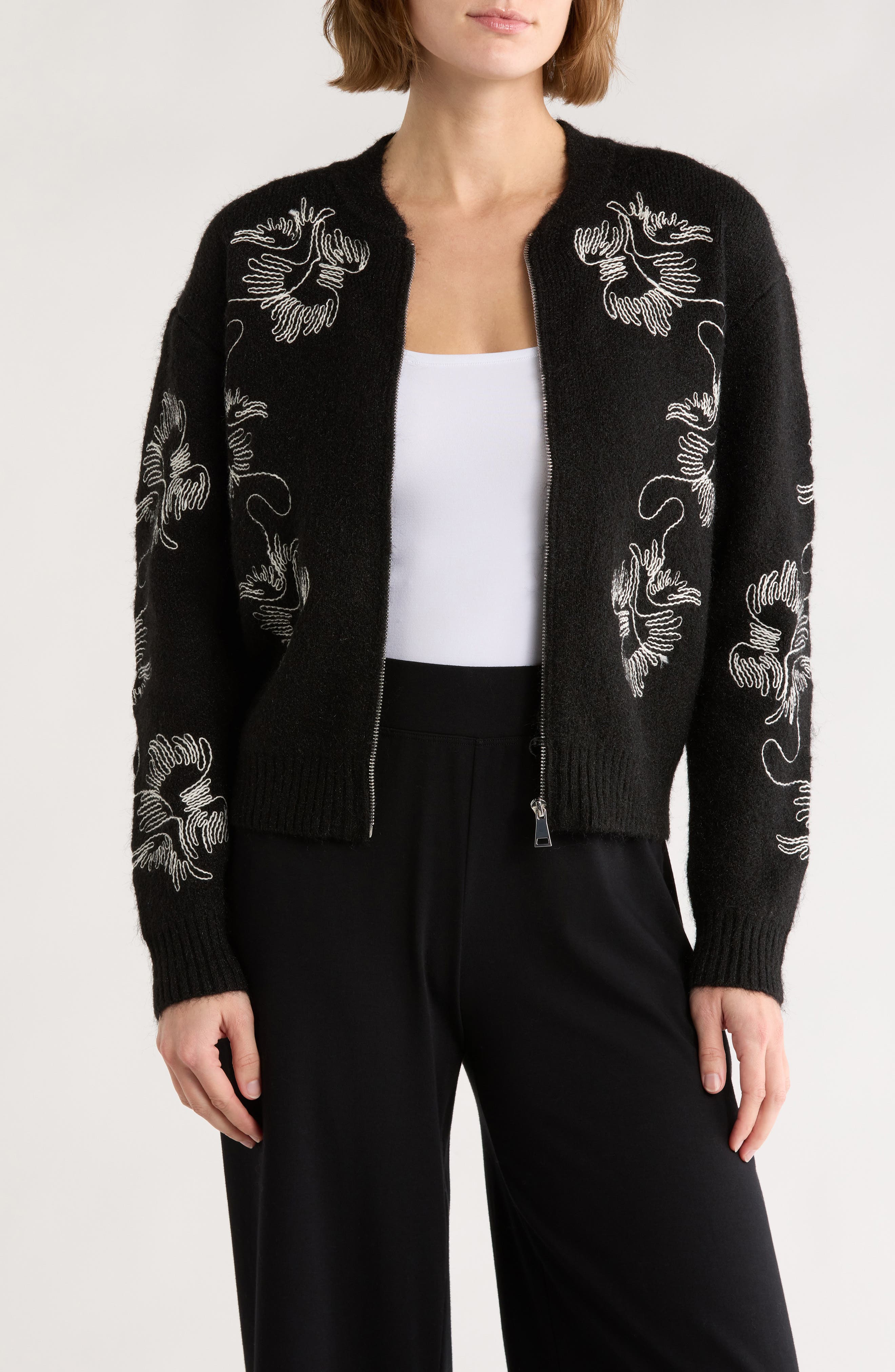 T Tahari Embroidered Full Zip Cardigan