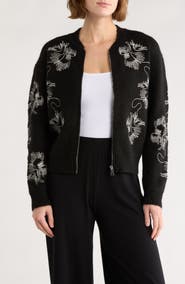 T Tahari Embroidered Full Zip Cardigan