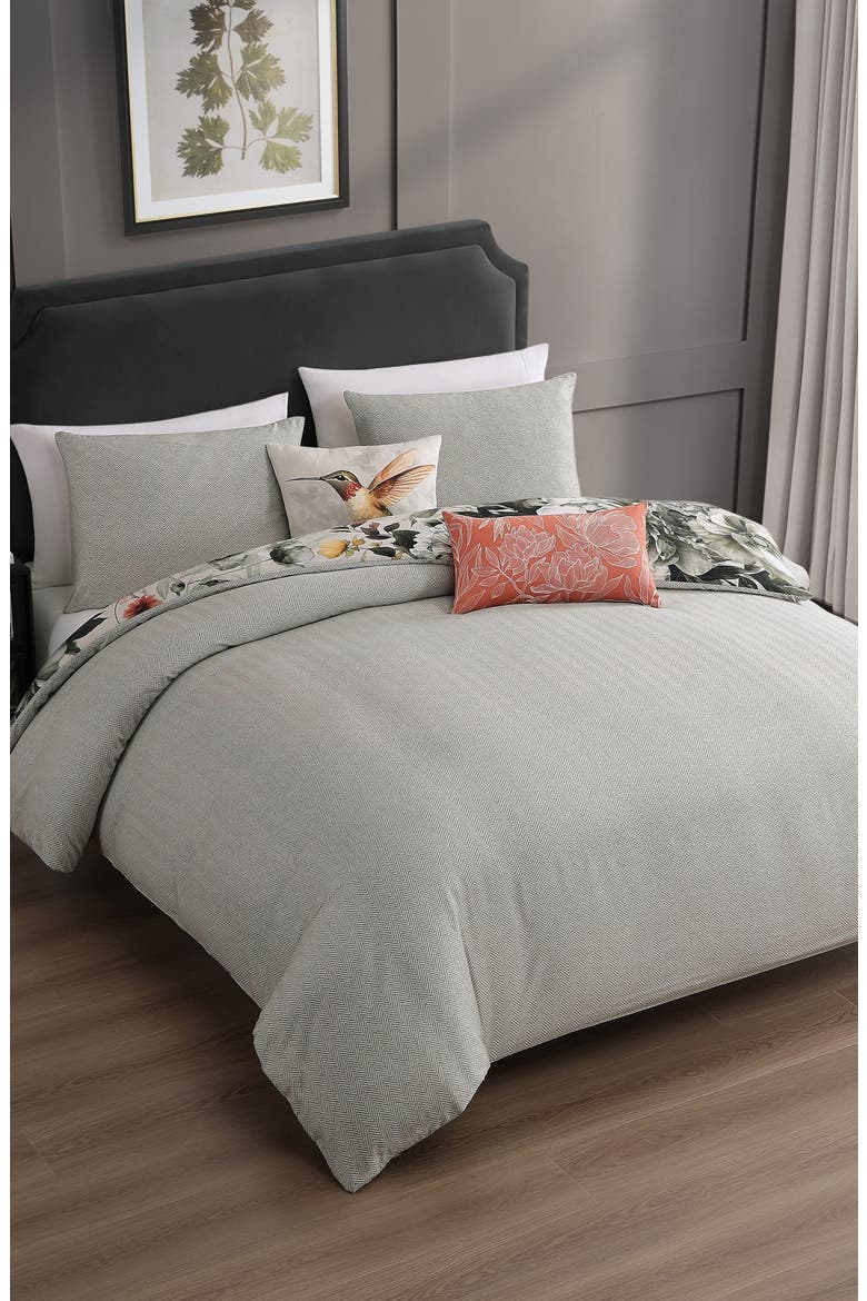 Hummingbird Bloom Reversible Cotton Sateen Comforter Set, Alternate, color, GREY