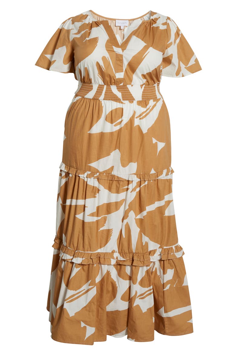 Hazel Abstract Palmer Tiered Cotton Maxi Dress, Alternate, color, CAMEL/ MULTI