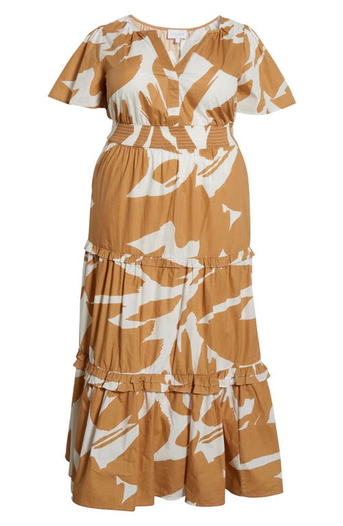 Sugarlips Hazel Abstract Palmer Tiered Cotton Maxi Dress In Brown