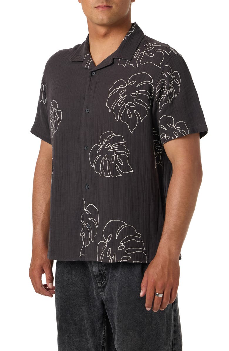 O'Neill Pipeline Rodeo Monstera Embroidered Gauze Camp Shirt, Alternate, color, Phantom